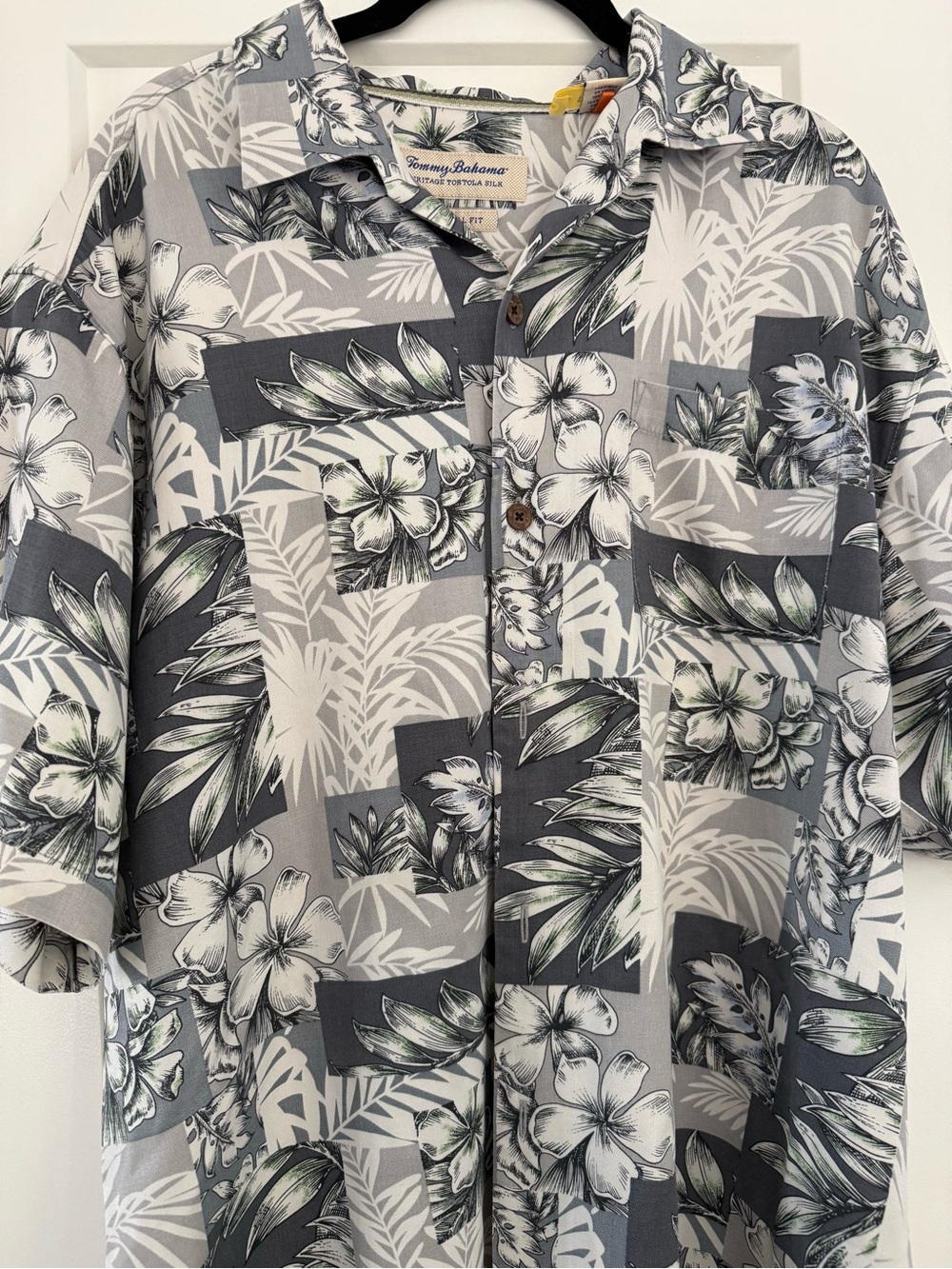 Tommy Bahama Gray and White Tropical Print Camp Shirt